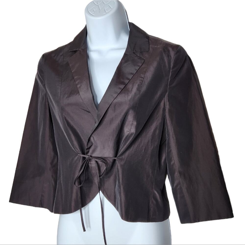 Maxmara Silk Blend Blazer Brown Shimmer Tie Front Y2K Style Short Jacket Size 4